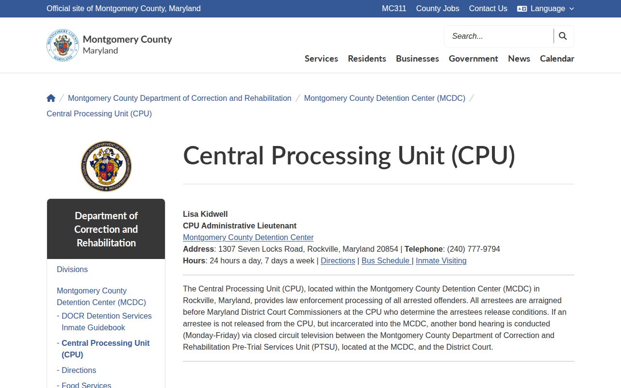Montgomery County arrest processing information at the Central Processing Unit