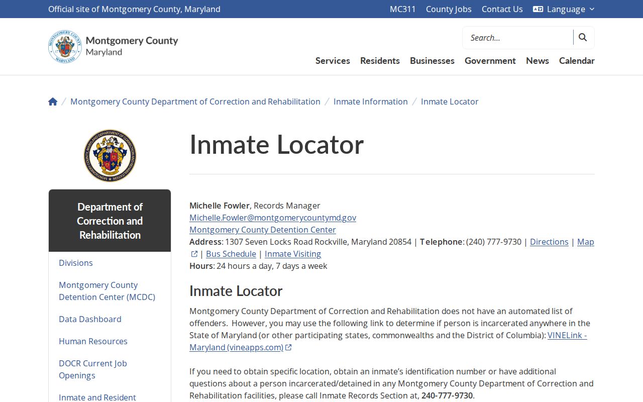 Montgomery County jail roster policy and inmate records contact page