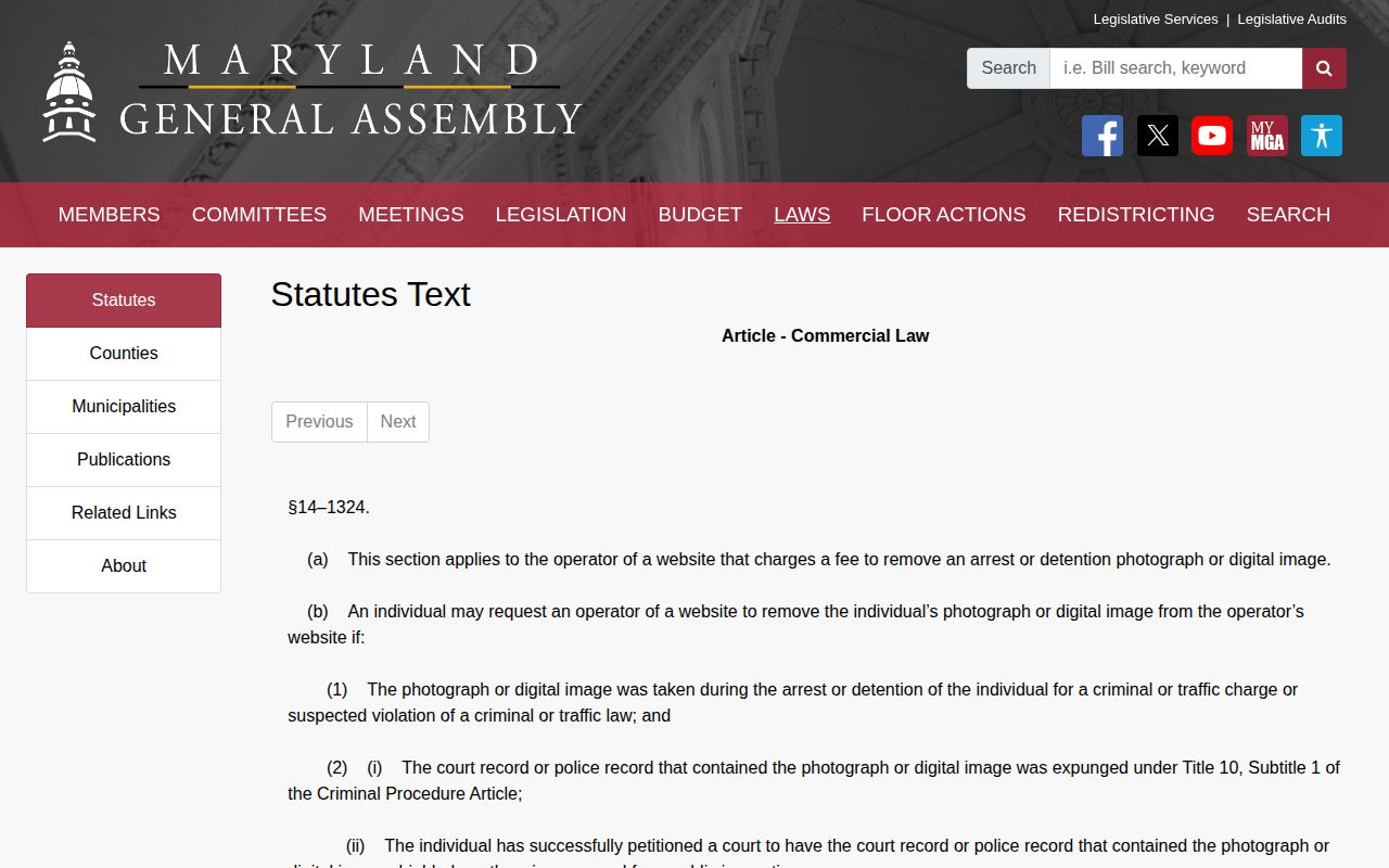 Maryland arrest photograph removal law for Montgomery County records