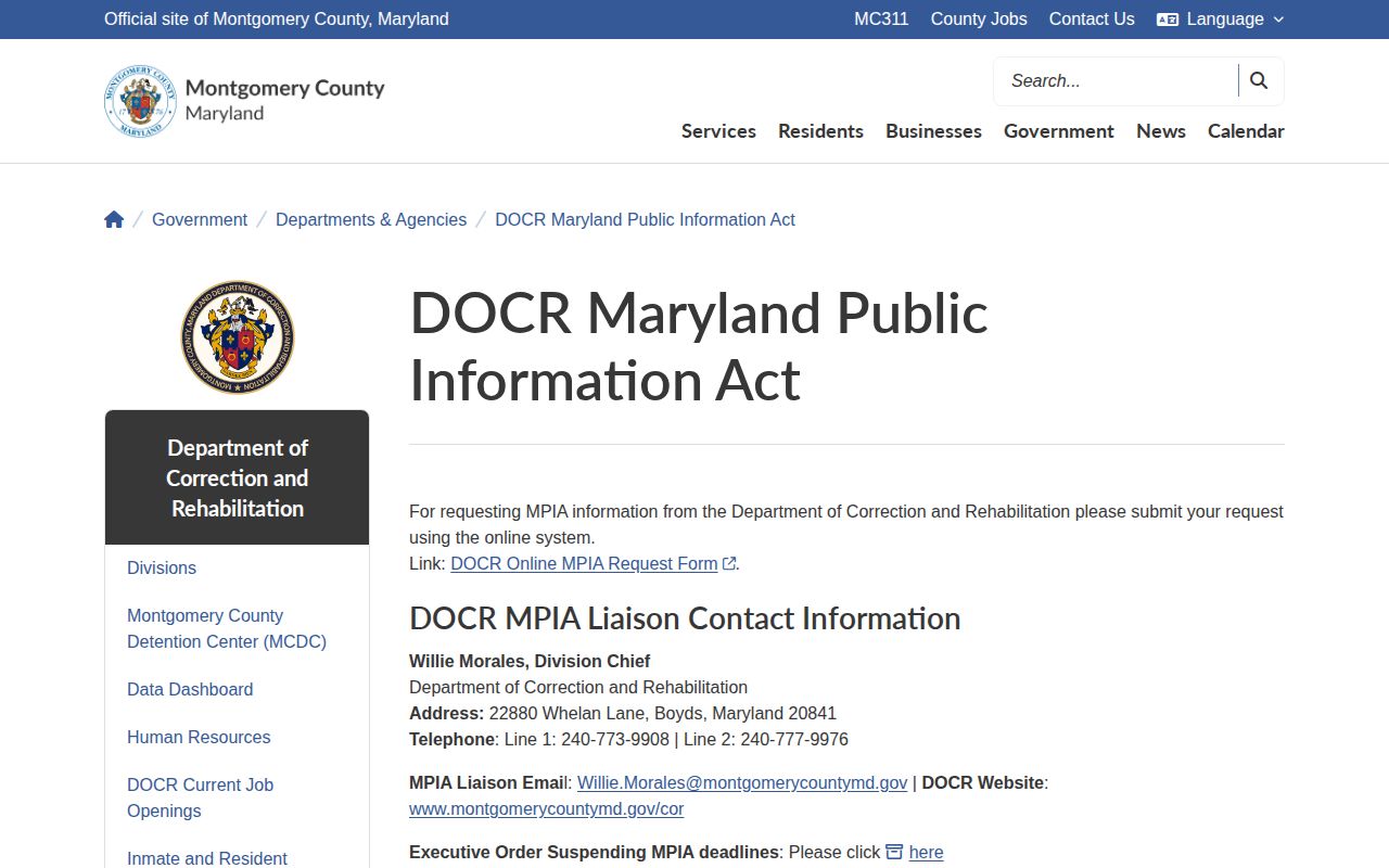 Montgomery County arrest record and booking photo MPIA request page