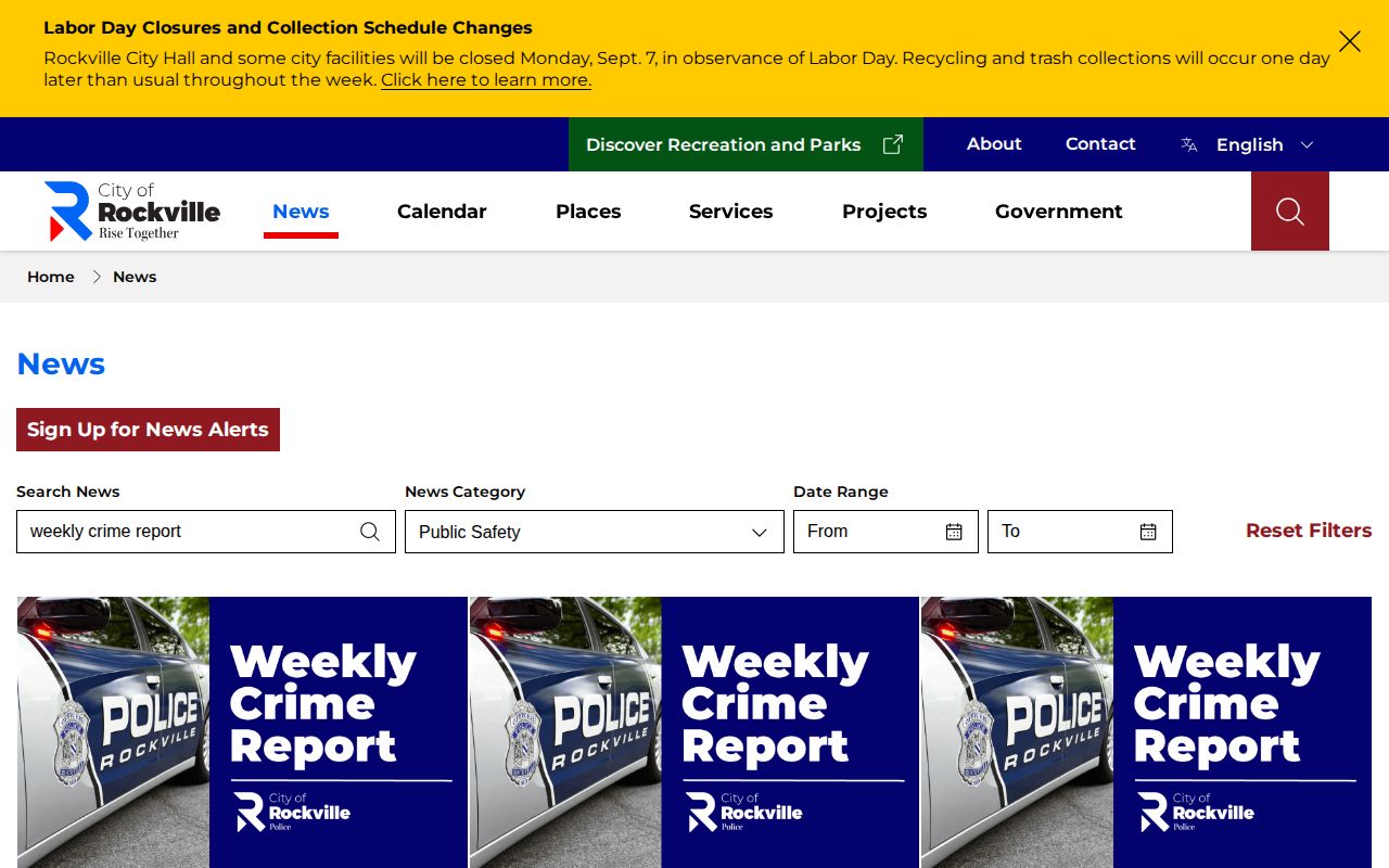 Rockville Police weekly crime reports archive used to review recent arrests