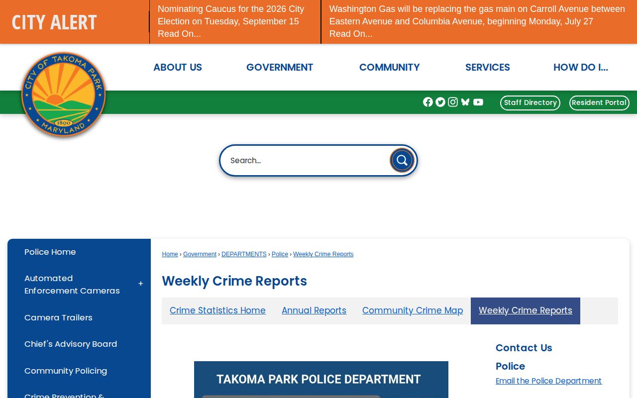 Takoma Park Police weekly crime report archive for local arrest narratives